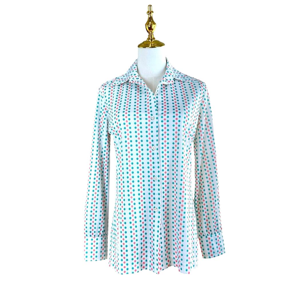 Vintage 60s Catalina Sportswear Pastel Polka Dot Nylon Blouse Women's Size M